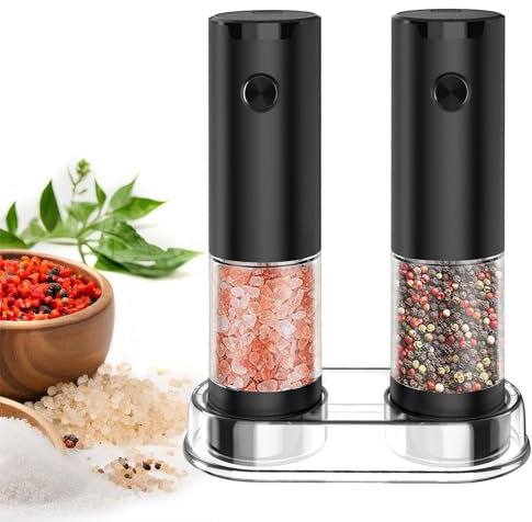 Macina Sale Pepe Elettrico Set: - Macina Sale e Pepe Elettrico con Base, Macinapepe Elettrico con LED e Rugosità Regolabile, Funzionamento con una sola mano