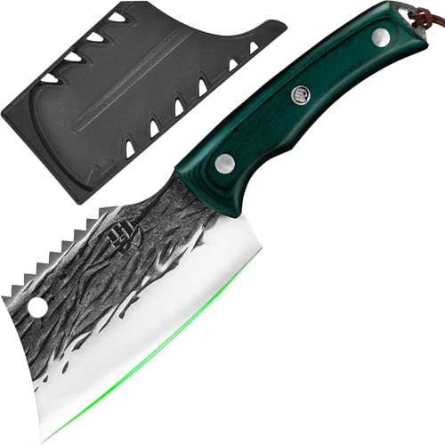 FULLHI ULLHI Coltello da macellaio con fodero, coltello da cuoco serbo Tang, coltello da verdure con mannaia in acciaio al carbonio per esterno, campeggio