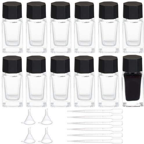 BENECREAT 12Pcs Heavy Duty Glass Ink Jars, 20ml Glass Bottles with Black Plastic Caps, 6Pcs Droppers, 4Pcs Plastic Funnels for Ink Liquid
