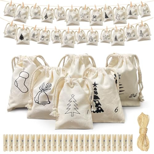 Calendario Dell'avvento Da Riempire Tessuto 3 Misure, 24 Sacchetti Calendario Dell'avvento Fai Da Te Stoffa Riutilizzabile Con Clip, Natale Bustine Calendario Avvento Fai Da Te Per Bambini Donna Uomo