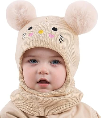 AYPOW Baby barn vintermössa balaclava för 0,5–6 år, multifunktionell termisk vindtät stickad mössa, sjalhatt för flickor pojkar småbarn, slip-mössa huva, mössa för utomhusaktiviteter, Katter beige