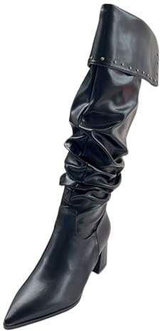 Generisch Stivali da donna Shark sopra il ginocchio con tacco ampio stivali Slouchy gambo autunno tacchi larghi per polpacci spessi ampia camoscio fold over barca Knee high wide calf E, Nero , 38.5 EU