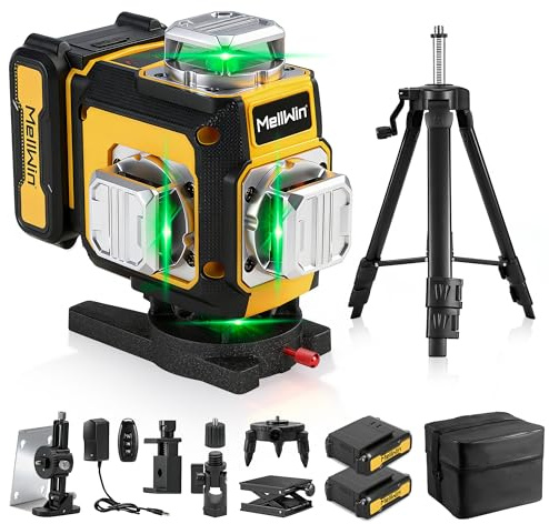 livella laser con 2 baterías, nivelador láser 4D livella laser autolivellante 360 de 16 líneas, livella laser con treppiede, multifuncional, modo pulso, IP54, control remoto y trípode,laser verde