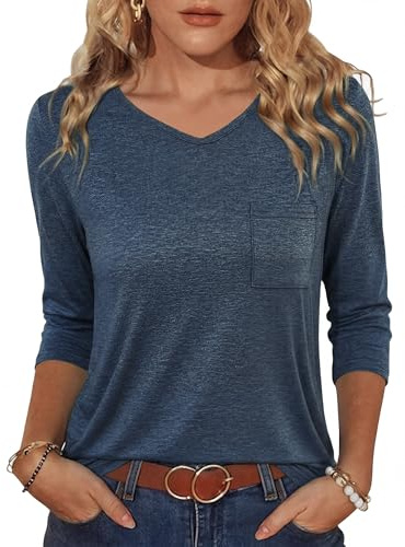 Crewhpo Tee Shirt Femme Manche 3/4 Col V Poche Poitrine Coupe Ample Doux | Matière Douce et Souple, Col V Féminin, Manches Trois Quarts, Pour Quotidien et Bureau, Facile à Porter Chaque Jour