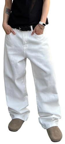 Zewool Pantalon Denim Homme Coupe Large Loose Fit Y2K Style Skater Jean Baggy à Jambe Droite Pantalon Hip Hop Streetwear Décontracté Coupe Relaxée Années 2000 pour Skateboard,G Blanc,M