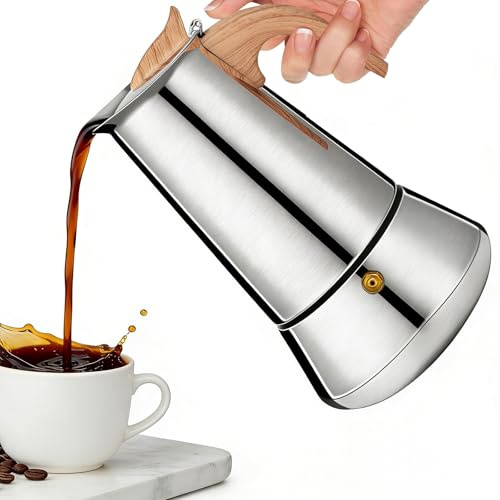 Romon Cafetera Italiana, 6 Tazas 300ml Plata, Cafetera Moka de Acero Inoxidable con Mango de Madera, Adecuada para Vitrocerámica, Camping y Gas