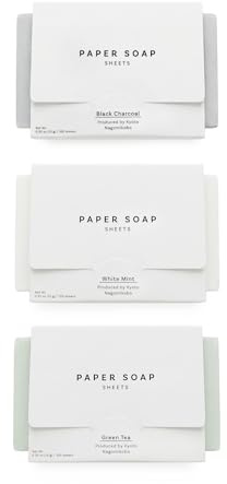Japanese Paper Soap Sheets for Hand Washing - 300 Sheets - Made in Japan Portable Travel Soap, Dissolvable Mini Soap Sheets for Camping, Hiking, Travel Essentials - GreenTea,BlackCharcoal,WhiteMint