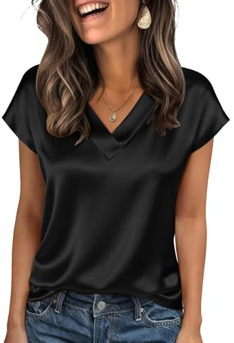 Satin Shirt Women UK Short Sleeve Party Tops for Women V Neck Elegant Silk Blouses UK Casual Tee Black XL 5