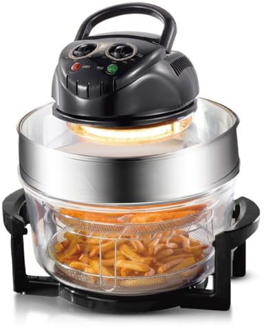 Forno Ad Aria Alogeno da 12L con Anello Estensore, Friggitrice Ad Aria In Vetro, Ampia Capacità per Famiglie, Riscaldamento a 360°, Temperatura e Timer Regolabili, Include Griglie, Cestini a Re black