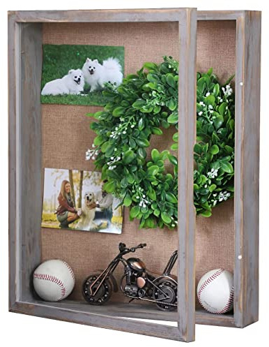 Rustic Grey Shadow Box Frame 16x20, Extra Large Deep Shadow Box with Opening Door, Big Display Case for Wedding Bouquet Memorabilia Keepsakes Photos Tickets Military Postcard