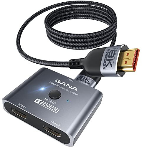 GANA Commutateur HDMI 2.1 Ultra HD 8K - Répartiteur bidirectionnel - Prend en charge 4K @ 120 Hz, 8K @ 60 Hz - Avec câble HDMI de 4,9 ft - Sélecteur en aluminium pour PS5/PS4, Xbox, Roku, TV, Fire