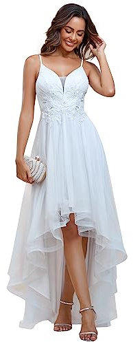 Ever-Pretty Robe de Bal de Promo Tulle Col V High Low Asymétrique Appliqué A Line Chic Blanc 42