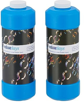 Relaxdays Seifenblasen Nachfüllflasche, 2er Set, je 1 Liter Seifenblasenflüssigkeit, für Seifenblasenmaschine, blau