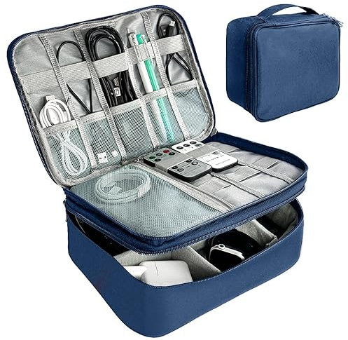 MyGadget Doppelschichtige Universal Kabel Organizer Tasche [25,9 x 19,5 x 8,5 cm] - Reise Kabeltasche - für Elektronik Zubehör wie Ladegeräte I Kabel - Blau