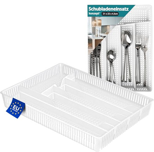 KONZEPT Porta posate cucina cassetto 31 × 23 × 4,5 cm, bianco – inserto separatore per cassetto, plastica resistente, lavastoviglie
