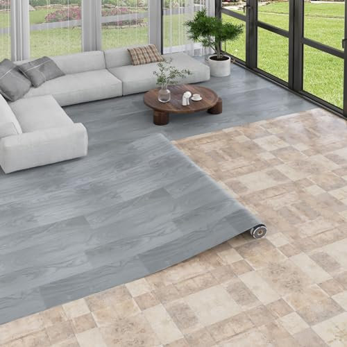 Oxdigi Revêtement de Sol en PVC Aspect Bois, Vinyle Pour Séjour, Cuisine, Balcon, Caravane, Cellier - Découpable, Revetement Imperméable Gris