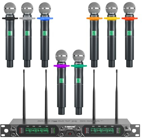 Phenyx Pro Sistema de microfonía inalámbrica profesional UHF de 8 canales con micrófonos dinámicos de mano metálicos, frecuencia fija para karaoke, iglesia, canto, DJ, alcance de 260 pies(PTU-4000-8H)