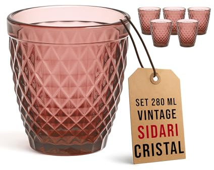 Viste-lo Set 6 Copas Sidari Cristal Azul Vintage 280ml Diseño Retro Elegante Vidrio Tallado Resistente para Agua Vino Decoración de Mesa Eventos Especiales Hogar Regalo (VASO ROJO)