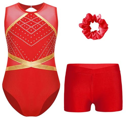 Miutii 3Pcs Mädchen Turnanzug Glitzer Gymnastikanzug mit Shorts Haarband Ärmellos Ballettanzug Ballett Trikot Leotard Wettbewerb Gymnastik Kleidung A Rot 122-128