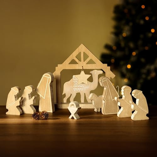 Marco Paul Large Wooden Christmas Nativity Scene Figurine Ornament Indoor Christmas Decorations 3D Rustic Traditional Jesus Manger Scene Religious Nativity Set Tree