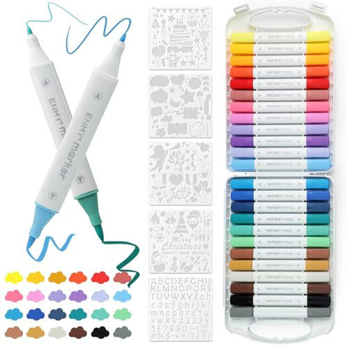 HJJMN 24 Colores Marcadores de Pintura Acrílica de Doble Punta, Marcadores de Punta Fina y de Pincel, Marcadores de Colores Acrílico a Base de Agua con 5 Plantillas para Vidrio Madera Cerámica