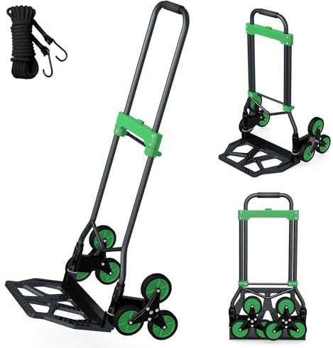 Heavy-Duty 330LB Capacity Hand Truck with Stair-Climbing Wheels & One-Touch Retractable Handle - Q235 Steel Collapsible Dolly Cart, 4.2-Inch Triple Wheels, Elastic Strap & Sponge Grip (Green)