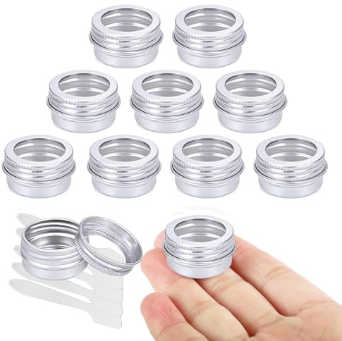 LusDoly Lot de 10 pots en aluminium 5ml – bocaux en aluminium ronde argentée D26mm x H15mm avec fenêtre couvercle pas-de-vis – boite aluminium cosmétique pour bougies, DIY, rangement, voyage