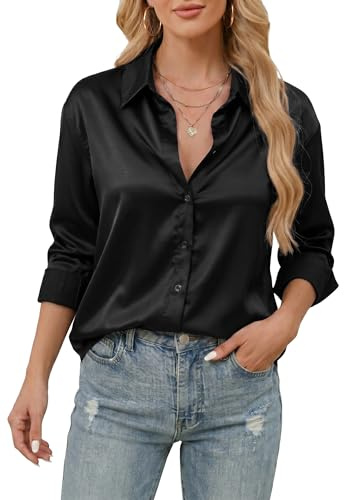 Stamain Camicia Donna Maniche Lunghe Elegante Button Down di Raso Bottoni Camicetta Maniche con Scollo a V Top Aderente in Tinta Unita Nero XL