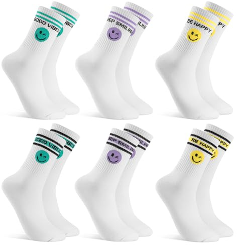 Utensilsto 6 paia di calzini da tennis donna e uomo 39-42 calzini sportivi bianchi con smile e scritta in cotone, calzini Smi Crew Socks per tennis, sport, corsa, uomo e donna, Verde, viola, giallo