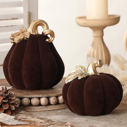 VioraWhite 2 Pcs Velvet Pumpkin for Decorating Brown Ceramic Flocked Pumpkin Cute Thanksgiving Decor 5.5 x 4.6'', 4.1 x 4.3'' Decorative Table Centerpiece for Home Farmhouse Harvest Thanksgiving Decor