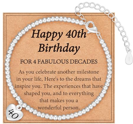 Aretas 40th Birthday Bracelet Gifts for Women Female Her Silver Bead Bracelet Jewellery with Heart Presents Womens 40 Birthday Card Gift Ideas for Mum Auntie Wife Daughter Sisters Niece Friends