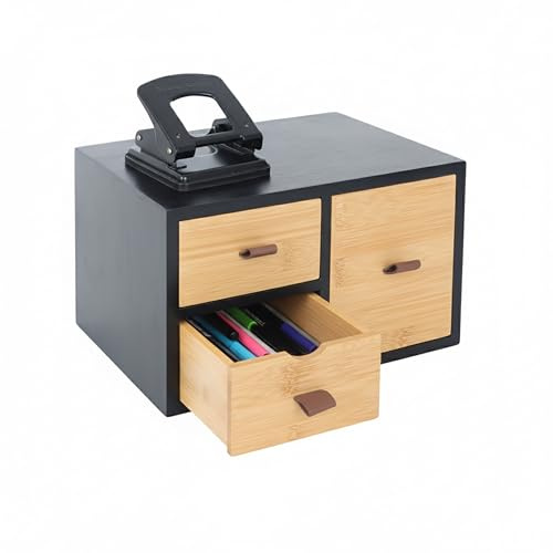 Caja con cajones Relaxdays de bambú y MDF, 3 cajones, HBT: 15 x 25 x 20 cm, Organizador de Escritorio, Negro/Natural