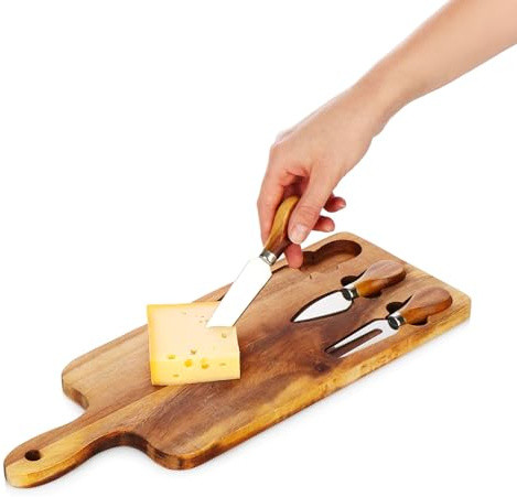 Avilia Set 3 Coltelli da Formaggio con Tagliere in Legno di Acacia – Lame Acciaio per Formaggi Morbidi, Stagionati e Freschi, Tagliere Legno Grande Ideale per Aperitivo, Degustazione