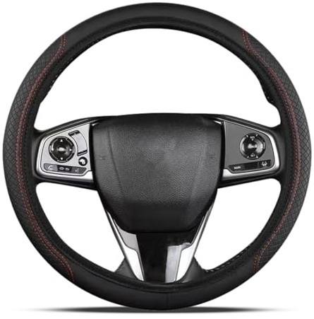 Coprivolante in Pelle Nera con Cuciture Rosse, Universale e Antiscivolo, per Auto, SUV e Veicoli Commerciali (37-39 cm)