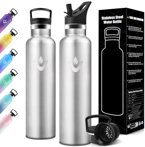 Motswedi Borraccia Termica 1 litro, con Cannuccia, Borracce Termiche, Doppia Parete, Bottiglia Termica, Acciaio Inox, Borraccia a Prova di Perdite, per Palestra, Campeggio, Outdoor, Blu Scuro & Nero