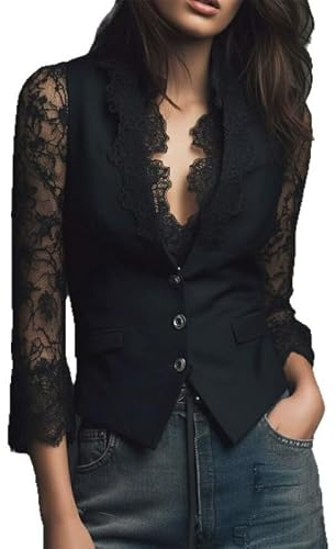 Blazer para Mujer - Blazers Steampunk Vintage para Mujer Chaqueta De Traje Negra con Mangas 3/4 Y Encaje De Retazos Abrigo Corto Chaleco Sexy con Bordado Floral Y Cuello En V Traje Renacentista