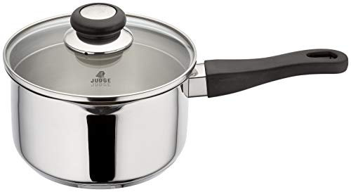 Judge Vista Draining Stainless Steel Large Saucepan with Pouring Lip 18cm 2.1L, Shatterproof Glass Strain & Pour Lid, Induction Ready, Oven Safe, 25 Year Guarantee