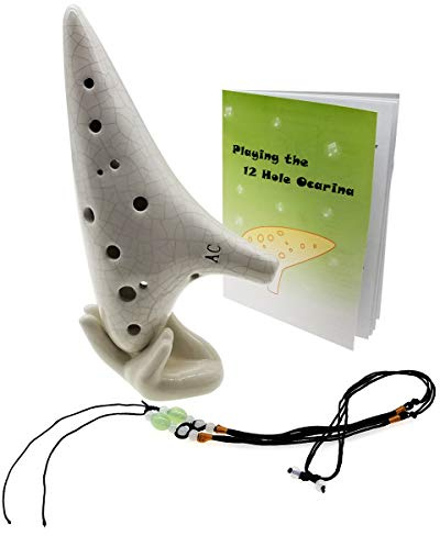 ERZA SCARLET 12 Hole Ocarina C Ocarinas Ceramic for Beginner with a Bag and Songbooks and strap (White Lce-Crack Ceramic)