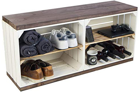 Kistenkolli Altes Land Schuhregal mit Sitzbank aus Obstkisten und massiven Holzplanken Schuhablage Schuhkommode (Sitzbank Weiss mit pailsander Holzplanken und geflammten Mittelbrettern)