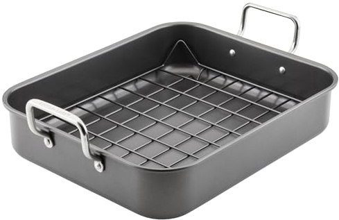 Rachael Ray Bakeware Nonstick Roaster/Roasting Pan with Reversible Rack, 16.5 Inch x 13.5 Inch, Gray