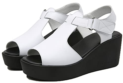 Generic7 Sandalias de cuña para Mujer, Color sólido, Barra en T, Correa para el Tobillo, Gancho, Peep-Toe, Slingback, Estilo Simple, Zapatos de Plataforma Antideslizantes
