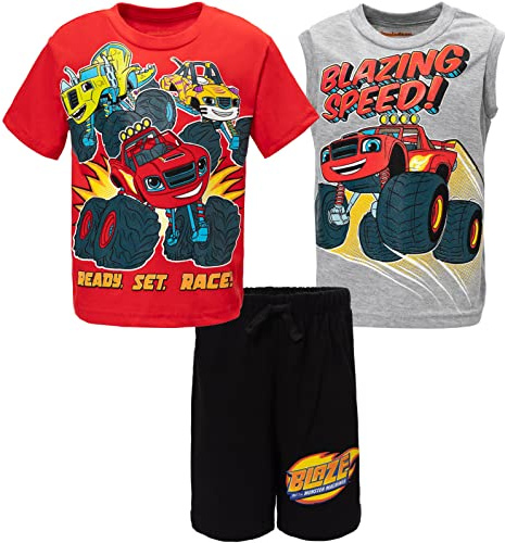 Blaze and the Monster Machines Stripes Zeg Toddler Boys Pullover T-Shirt Tank Top and Bike Shorts French Terry 3 Piece Outfit Set Black/Red/Grey 5T