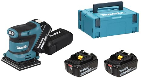 Makita DBO480RTJ - Levigatrice per finitura LXT agli ioni di litio da 18 V, completa di 2 batterie da 5,0 Ah e caricabatterie forniti in una custodia Makpac