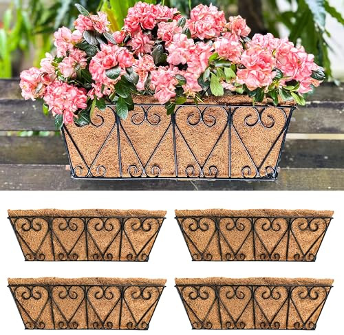 LaLaGreen Wal Planters - 4 Pack, 16 Inch Deck Railing Hanging Basket, Window Flower Boxes Outdoor Black Metal Plant Pot Holder Coco Liner Fence Planter Balcony Garden Patio Porch Farmhouse Boho Decor