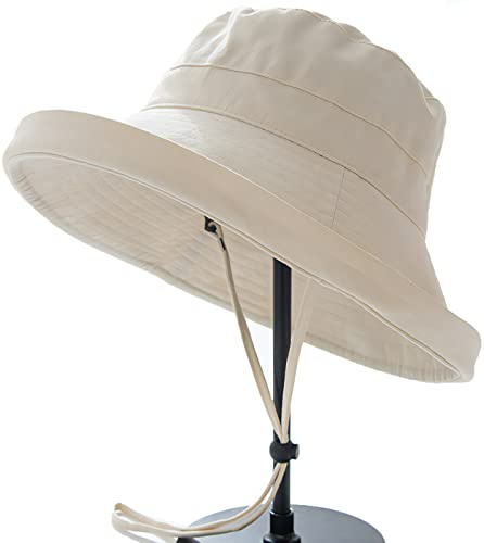 Sombreros de sol para mujer 100% algodón de ala ancha, sombrero tipo bucket para jardinería, protección solar para viajes, plegable, gorra de playa para mujeres - ala plegable, Beige, 5