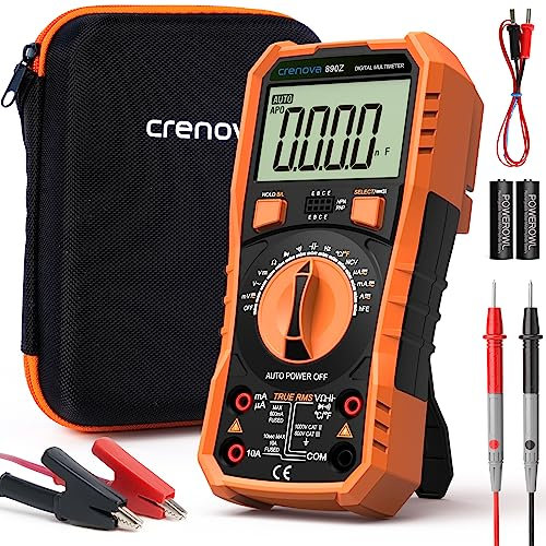 Crenova Digital Multimeter, 6000 Counts Multi Testers, Auto-Ranging TRMS Voltmeter Ohmmeter, Measures Voltage Current Capacitance Diodes Continuity Resistance Transistor hFE Temp with Probes (Orange)