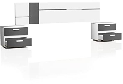 duehome | Pack Cabecero con Leds y 2 Mesitas de Noche, Dormitorio Doble, Dormitorio Completo, Modelo Ataneq Air, Acabado en Blanco y Grafito