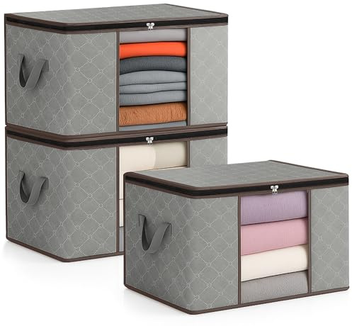 unycos - Cajas para Almacenaje de Ropa x 3【90L】 Bolsas Plegables con Ventana Transparente, Doble Cremallera y Asas Reforzadas, Organizador de Toallas, Edredones, Juguetes | Hasta 13 kg (Grey/Coffee)