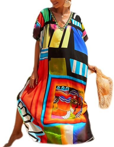 Baynetin Robe Caftan,Maxi Turc Kaftan Pareos Bohème Maillot De Bain Élegante Bikini Cover Up Imprimé Floral Kimono Boho Plage Peignoirs De Protection Taille Unique