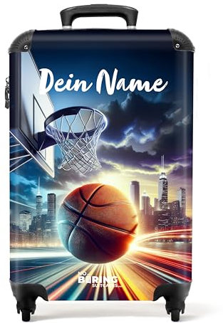 NoBoringSuitcases.com Kinderkoffer, Reisekoffer Personalisiert, Kinderkoffer Jungen, Koffer Kinder, Kinder Reisekoffer, Kindertrolley Jungen, Handgepäck Koffer 55x40x20 cm (Basketball - Dunkelblau)